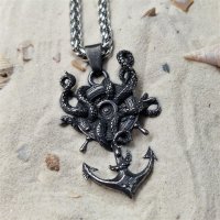 Kraken Anhänger verziert mit einem Anker Halskette aus Edelstahl - 60 cm
