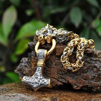 Mjölnir Anhänger mit runder Wolf Königskette aus Edelstahl - 60 cm - gold/silber