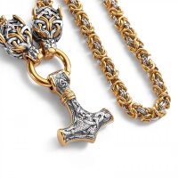 Mjölnir Anhänger mit runder Wolf Königskette aus Edelstahl - 60 cm - gold/silber