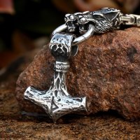Mjölnir Anhänger mit Thor Rune und Wolf Königskette aus Edelstahl - 60 cm