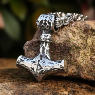 Mjölnir Anhänger mit Thor Rune und eckige Königskette aus Edelstahl - 60 cm