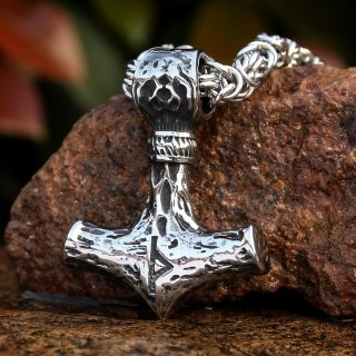 Mjölnir Anhänger mit Thor Rune und runder Königskette aus Edelstahl - 60 cm