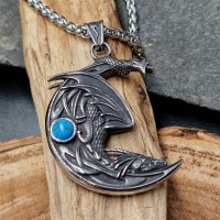 Fafnir Anhänger verziert mit einem Blau/Weißen Stein Halskette aus Edelstahl - 60 cm