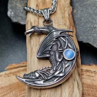 Fafnir Anhänger verziert mit einem Blau/Weißen Stein Halskette aus Edelstahl - 60 cm