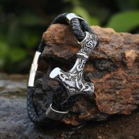 Silberfarbendes Kunstleder Armband mit einem Thors Hammer aus Edelstahl
