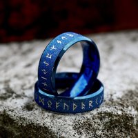 Futhark Runen Ring aus Edelstahl - Farbe Blau - 8 mm