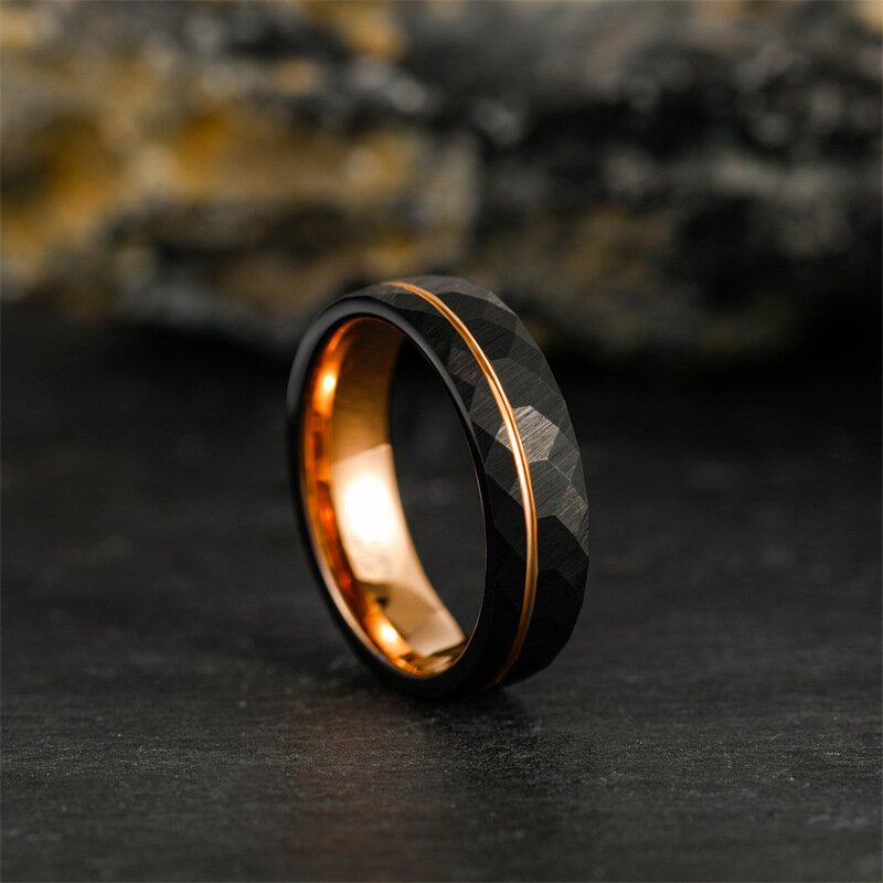 6mm Schwarzer Wolfram Ring BALE Mit Einem Rosegold Farbender Streif 6mm Schwarzer Wolfram Ring BALE Mit Einem Rosegold Farbender Streif
