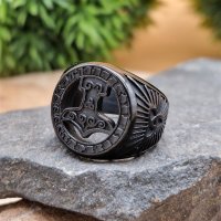 Thors Hammer Ring "OLIN" verziert mit Runen aus Edelstahl