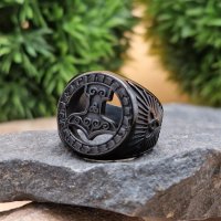 Thors Hammer Ring "OLIN" verziert mit Runen aus Edelstahl