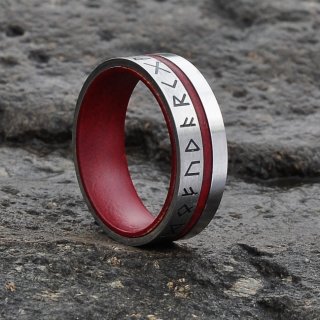 Runen Ring mit rotem Inlay aus Edelstahl - Farbe silber