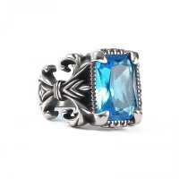 Fleur-de-Lys Ring aus Edelstahl mit blauen Glasstein