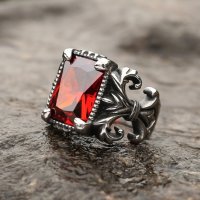 Fleur-de-Lys Ring aus Edelstahl mit roten Glasstein