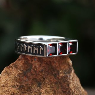 Runen Ring aus Edelstahl mit roten Glassteinen
