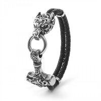 Kunstleder Armband "VORT" mit einem Fenris Wolf und einem Thors Hammer aus Edelstahl