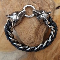 Leder/Edelstahl Armband mit den Wölfen Odins