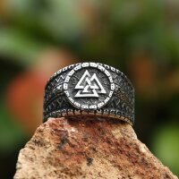 Runvaldr – Stainless Steel Ring with Valknut and Norse Ornamentation
