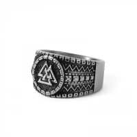 Runvaldr – Stainless Steel Ring with Valknut and Norse Ornamentation