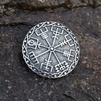 Vegvísir – Round Stainless Steel Brooch with...