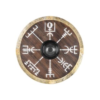 Viking Round Shield “VEGVÍSIR” in Wood – with Wayfinder Symbol and Rawhide Rim