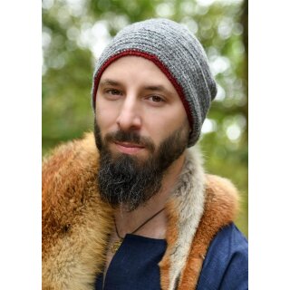 Crocheted Wool Cap, Grey-Burgundy