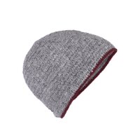 Crocheted Wool Cap, Grey-Burgundy