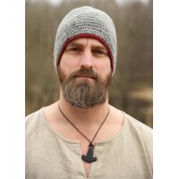Crocheted Wool Cap, Grey-Burgundy