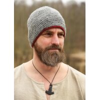 Crocheted Wool Cap, Grey-Burgundy
