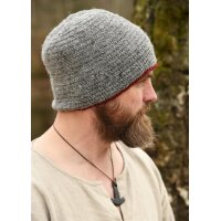 Crocheted Wool Cap, Grey-Burgundy
