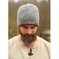 Crocheted Wool Cap, Grey-Burgundy
