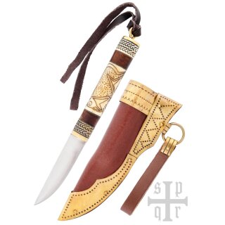 Small Viking Knife, Carbon Steel, Wood/Bone Handle with Torslunda Motif