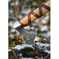 Wikinger-Axt aus Stahl, gegossen, Typ G, mit Gravur und Lederwicklung