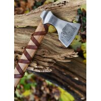 Cast Viking Axe Type E with Engraving and Leather Wrapping