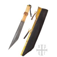 Damascus Steel Viking Seax with Wood and Brass Handle and Black Goatskin Sheath