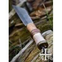 Damascus Steel Viking Seax with Wood and Brass Handle and Black Goatskin Sheath