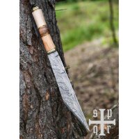 Damascus Steel Viking Seax with Wood and Brass Handle and Black Goatskin Sheath