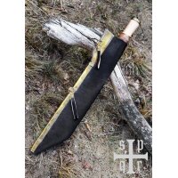 Damascus Steel Viking Seax with Wood and Brass Handle and Black Goatskin Sheath