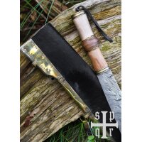 Damascus Steel Viking Seax with Wood and Brass Handle and Black Goatskin Sheath