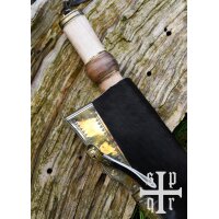 Damascus Steel Viking Seax with Wood and Brass Handle and Black Goatskin Sheath