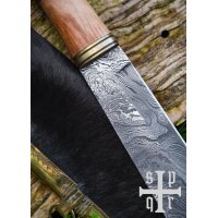 Damascus Steel Viking Seax with Wood and Brass Handle and Black Goatskin Sheath