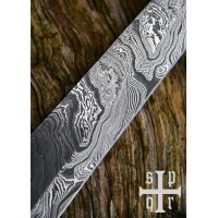 Damascus Steel Viking Seax with Wood and Brass Handle and Black Goatskin Sheath