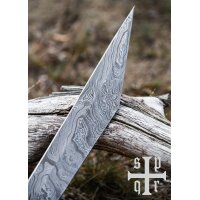 Damascus Steel Viking Seax with Wood and Brass Handle and Black Goatskin Sheath
