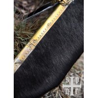 Damascus Steel Viking Seax with Wood and Brass Handle and Black Goatskin Sheath
