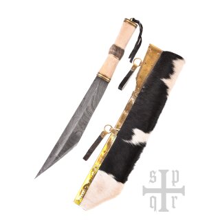 Damascus Steel Viking Seax with Wooden Handle and White Goatskin Sheath