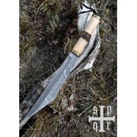 Damascus Steel Viking Seax with Wooden Handle and White Goatskin Sheath