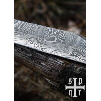 Damascus Steel Viking Seax with Wooden Handle and White Goatskin Sheath
