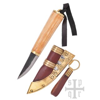 Kleines Wikinger-Messer aus Karbonstahl – Fibelmesser mit Holzgriff und Lederscheide