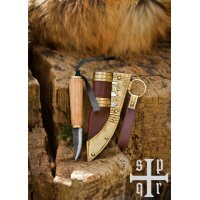 Kleines Wikinger-Messer aus Karbonstahl – Fibelmesser mit Holzgriff und Lederscheide