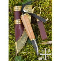 Kleines Wikinger-Messer aus Karbonstahl – Fibelmesser mit Holzgriff und Lederscheide