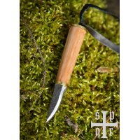 Kleines Wikinger-Messer aus Karbonstahl – Fibelmesser mit Holzgriff und Lederscheide