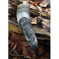 Wikinger-Trinkhorn „SKJOLD“ aus echtem Horn mit Wikingerschiff-Motiv